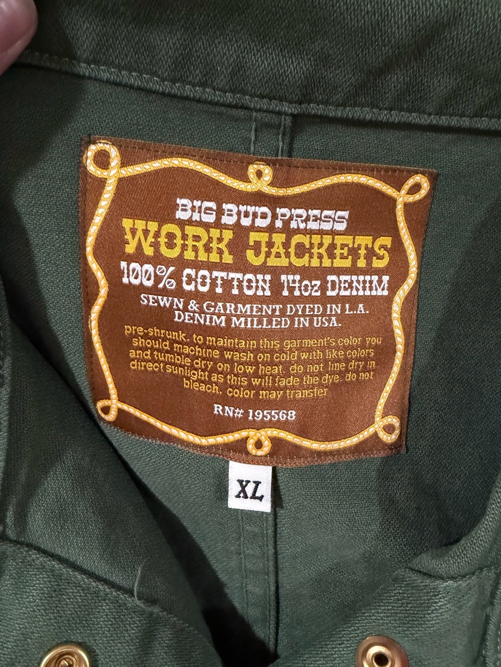 Big Bud Press Green 100% Cotton Denim Long Sleeve Snap Front Work Jacket Sz. XL - Picture 6 of 6